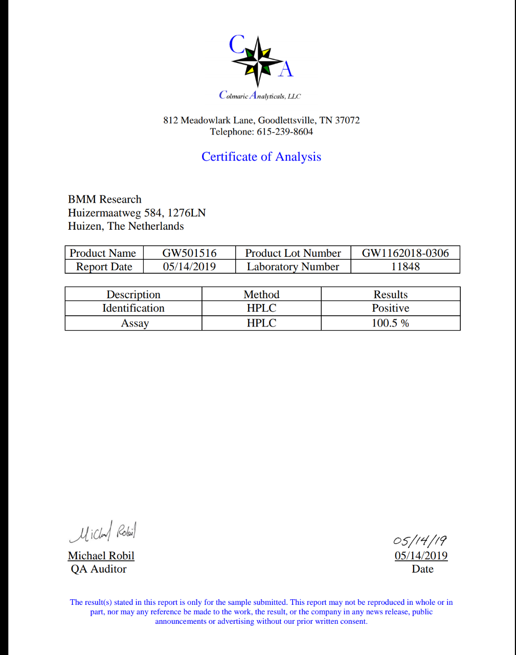 GW501516 - Certificate of Analysis 2