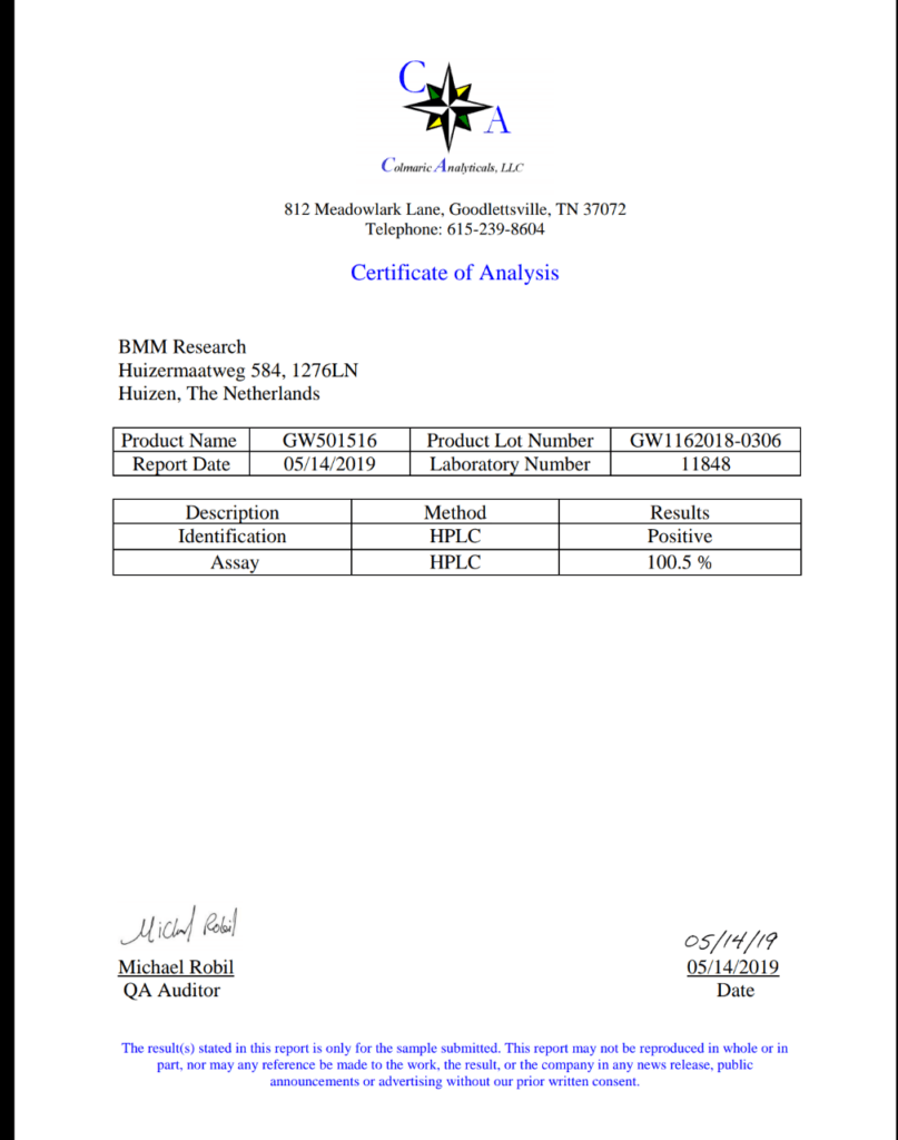 GW501516 - Certificat d'analyse