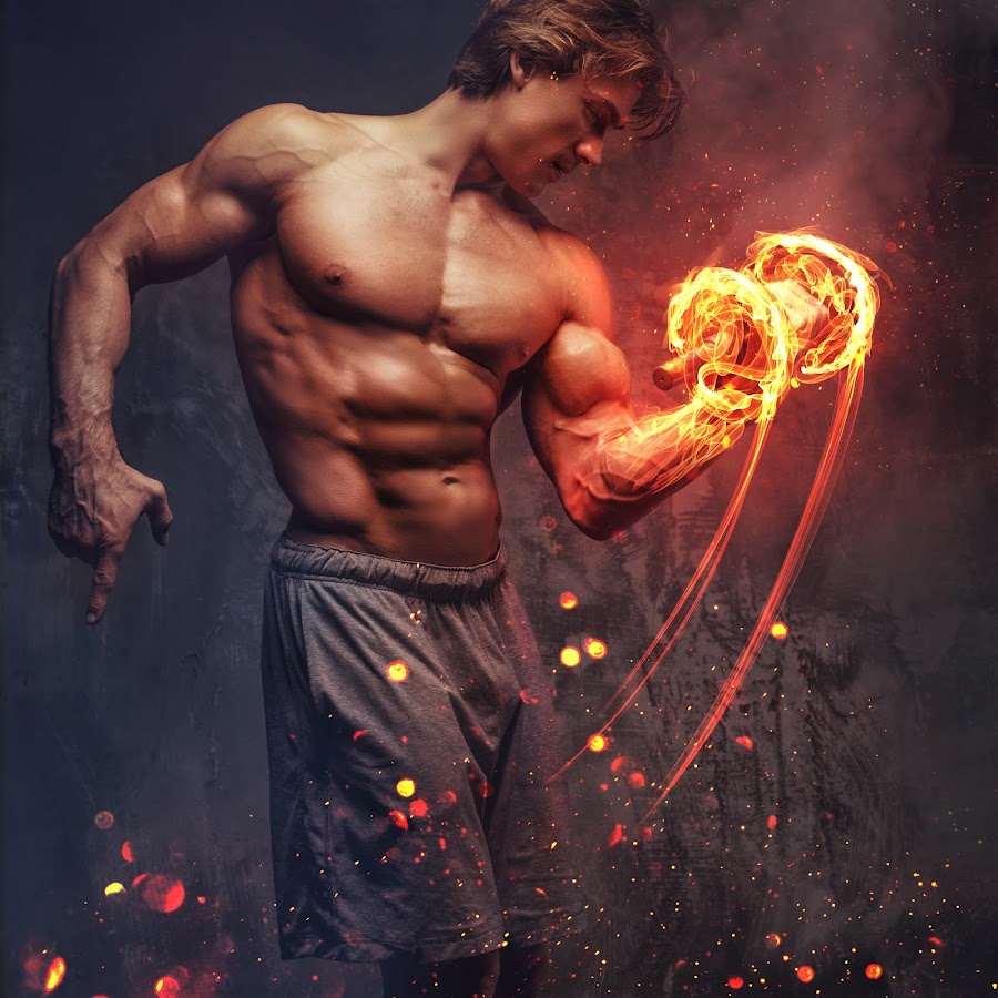 Shirtless bodybuilder with burning dumbbell 1
