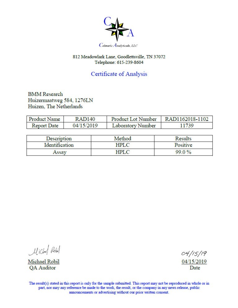 Certificate of Analysis of RAD140