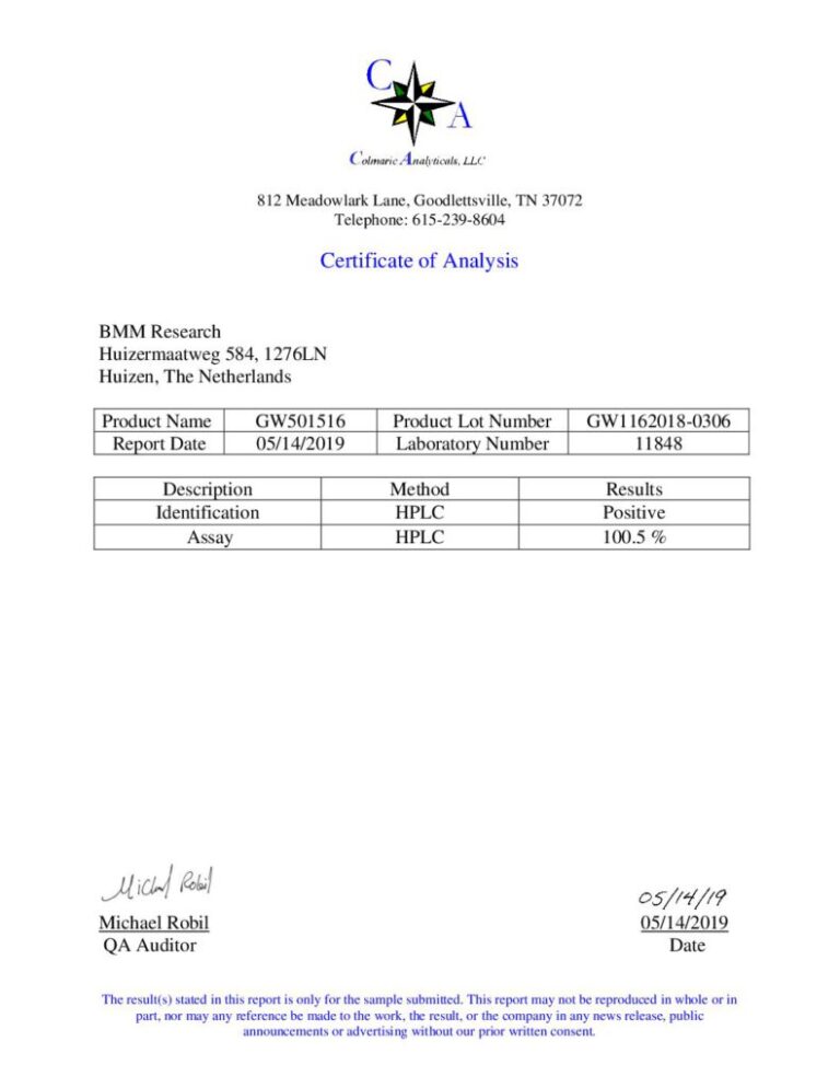 GW501516 - Certificate of Analysis