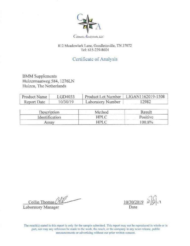 Certificate of Analysis pf LGD4033 - 112