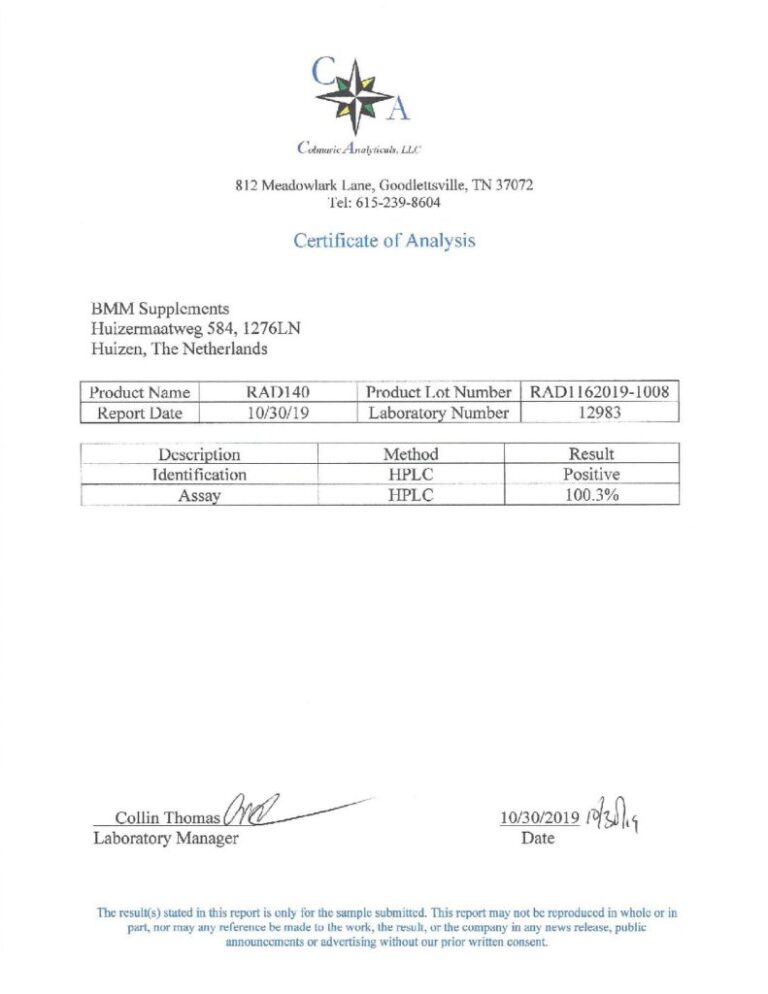 RAD140 - Certificate of Analysis - 2